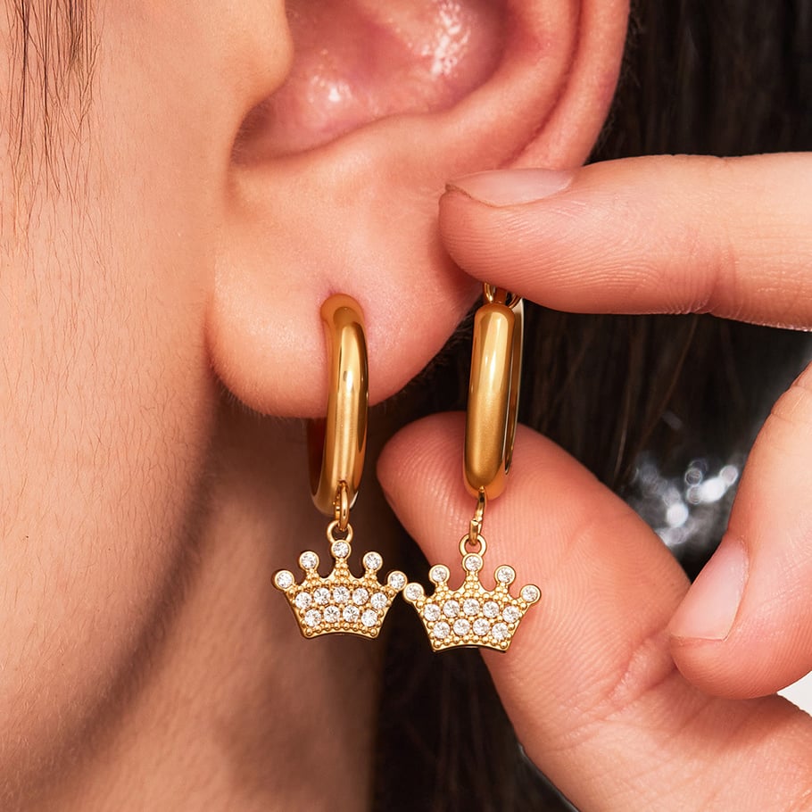 1 Pair Elegant Crown Stainless Steel Gold Color Zircon Women's Drop Earrings Picture4