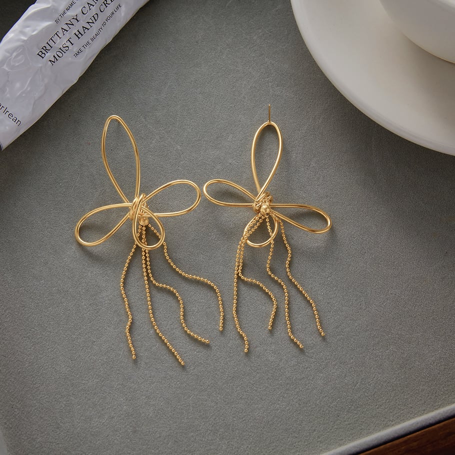 1 Pair Gorgeous Bow Knot Tassel Stainless Steel Gold Color Women's Dangle Earrings h5Picture4