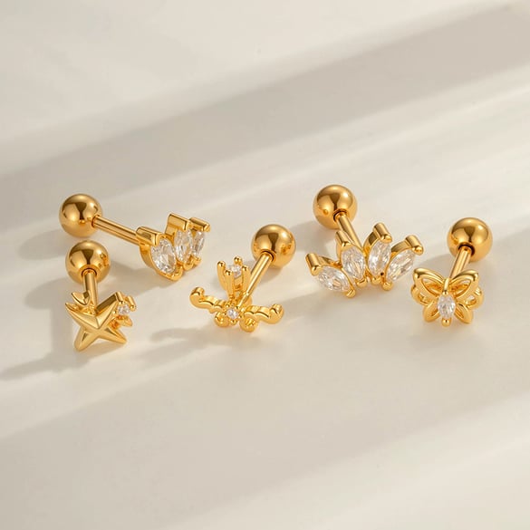 1 Piece Heart Butterfly Copper Gold Color Zircon Piercing Earring 2