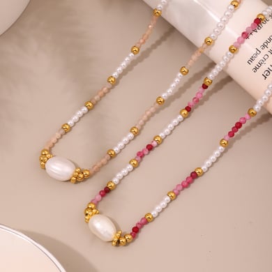 1 pezzo di collana classica in acciaio inossidabile color oro con pietra naturale da donna h5 Immagine2