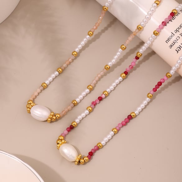 1 pezzo di collana classica in acciaio inossidabile color oro con pietra naturale da donna