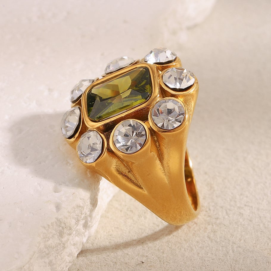 1 Piece Luxurious Rectangle Stainless Steel Gold Color Zircon Women's Gemstone Rings Picture3