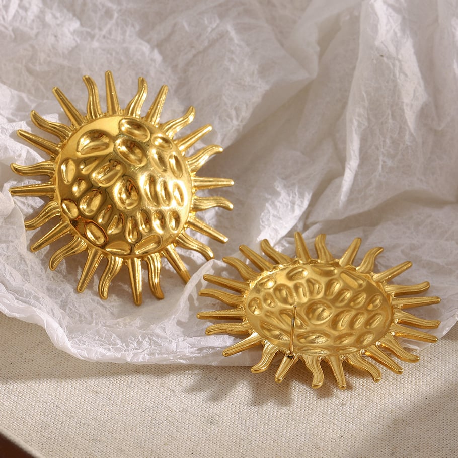 1 Pair Sun Hammered Texture Stainless Steel Gold Color Women's Stud Earrings Picture4