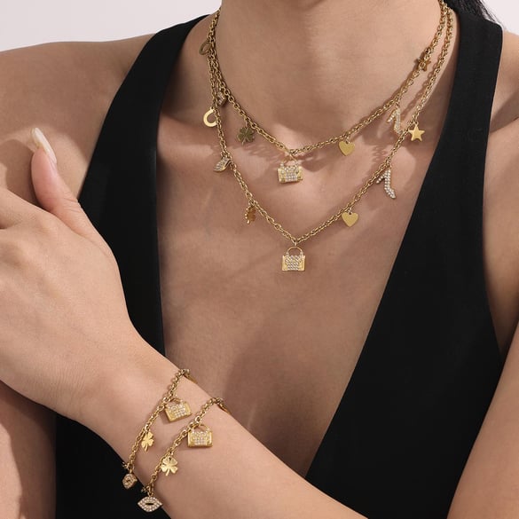 Fashionable Heart Clover Stainless Steel Gold Color Women's Jewelry Sets 2