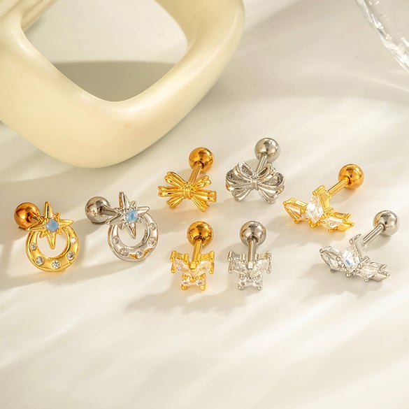 Boucle d&#39;oreille piercing en forme de nœud papillon en cuivre doré et zircon 2