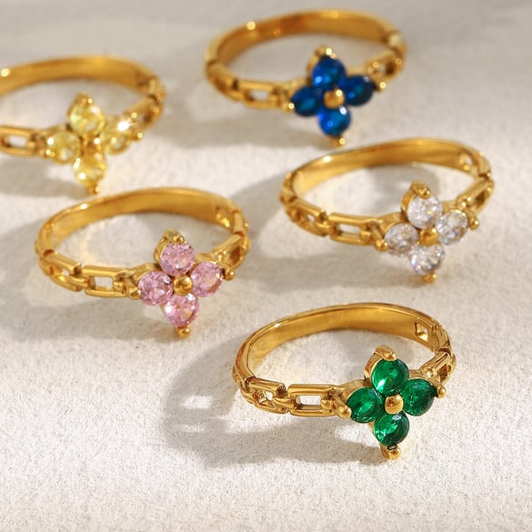 1 Piece Elegant Flower Stainless Steel  Gold Color Zircon Women's Gemstone Rings 2