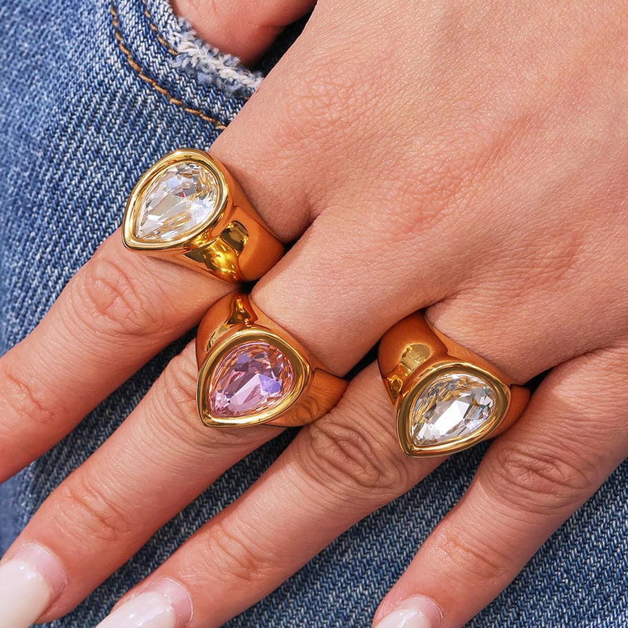 1 Piece Romantic Droplet Stainless Steel Gold Color Zircon Women's Gemstone Rings Picture3