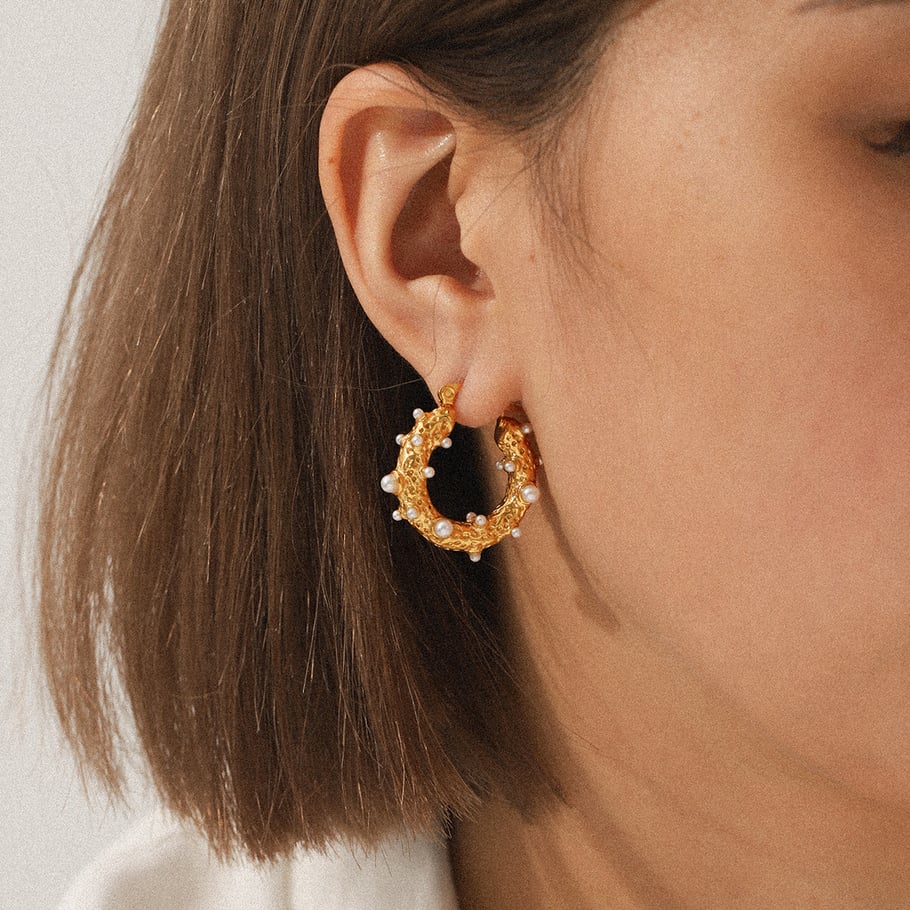 1 Pair Daily Irregular Shape Stainless Steel  Gold Color Pearl Women's Hoop Earrings Picture3