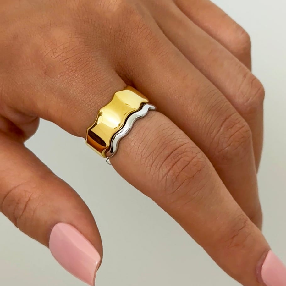 1 Piece Wide  Brimmed Wavy  Pattern Gold Stainless Steel Women's  Statement Rings Picture7