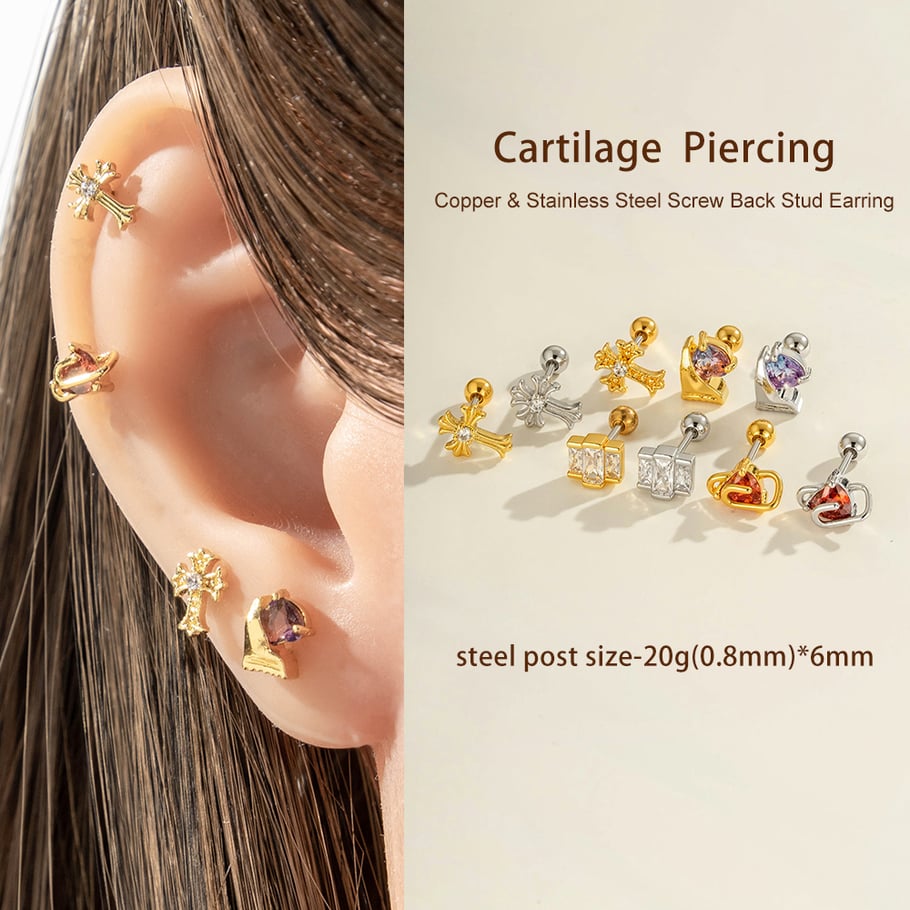 1 stuk hart kruis koper goud kleur zirkoon piercing oorbel Afbeelding4