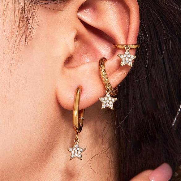 1 Pair Luxurious Star Shape Stainless Steel Gold Color Zircon Women's Drop Earrings 2