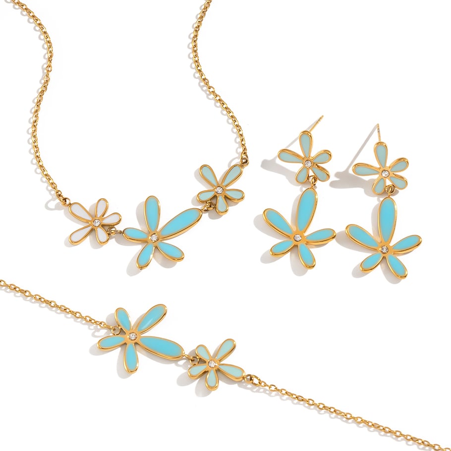 Romantic Series Elegant Flower Stainless Steel Gold Color Rhinestone Necklace Set Picture7