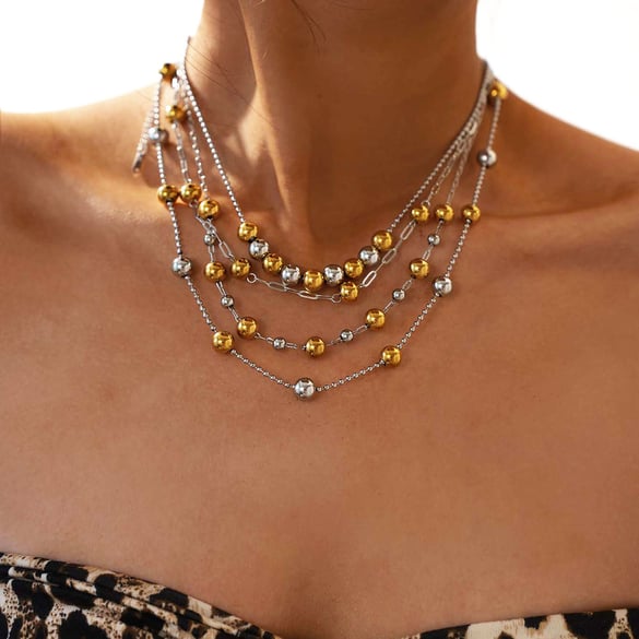 1 Piece Simple Mixed Gold Color And Silver Colors Stainless Steel  Women‘s Beaded Necklaces