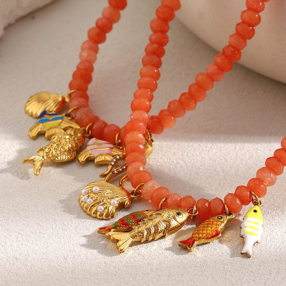Collier de perles pour femme, 1 pièce, luxueux, en pierres naturelles, couleur or, motif poisson 2