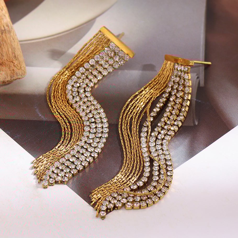 1 Pair Exquisite Tassel Stainless Steel Gold Color Zircon Women's Dangle Earrings h5Picture5