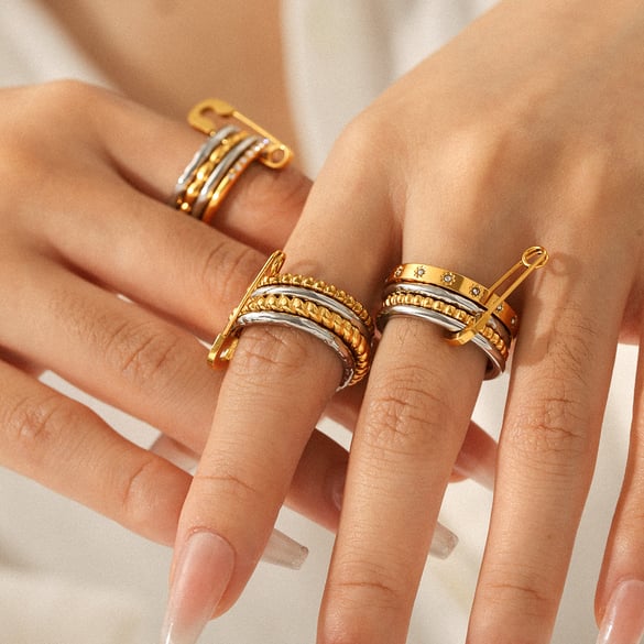 Bague élégante en acier inoxydable et zircon de couleurs mélangées, 1 pièce 2