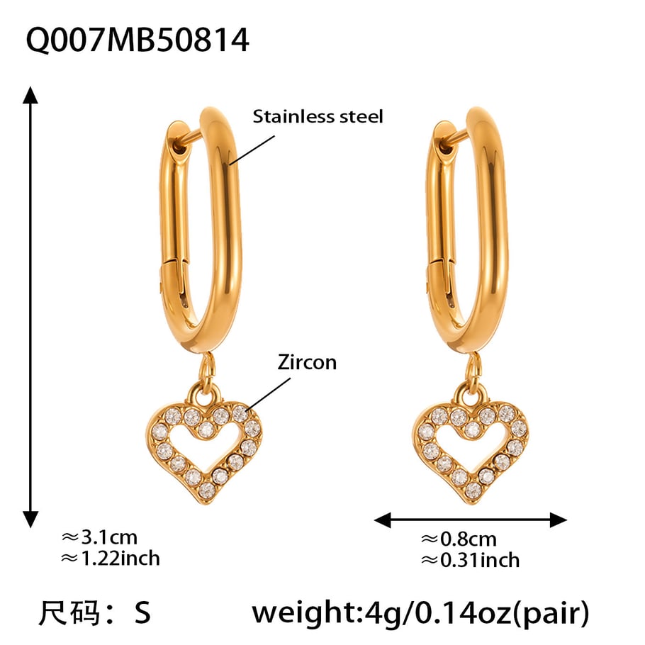 1 Pair Exquisite Heart Stainless Steel Gold Color Zircon Women's Drop Earrings 