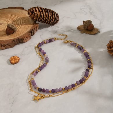 Collier de perles en pierre naturelle couleur or en acier inoxydable, 1 pièce h5 Image5