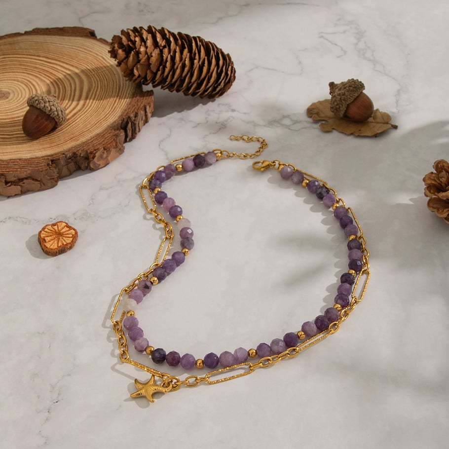 Collier de perles en pierre naturelle couleur or en acier inoxydable, 1 pièce Image5