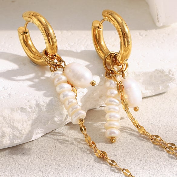 1 Pair Elegant Tassel Pearl Beads Stainless Steel Gold Color Women's Dangle Earrings 2