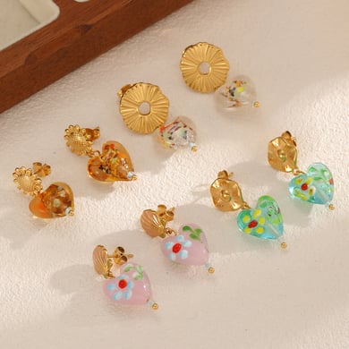 1 Pair Luxurious Glass Heart Stainless Steel Gold Color Women's Drop Earrings h5 Picture2