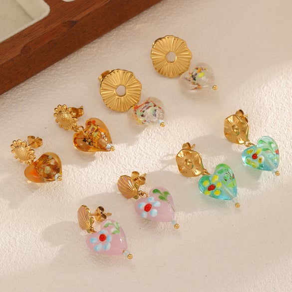 1 Pair Luxurious Glass Heart Stainless Steel Gold Color Women's Drop Earrings