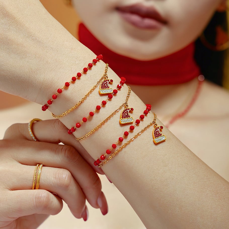 Set di gioielli da donna in acciaio inossidabile color oro con cappello di Babbo Natale e zirconi Immagine5
