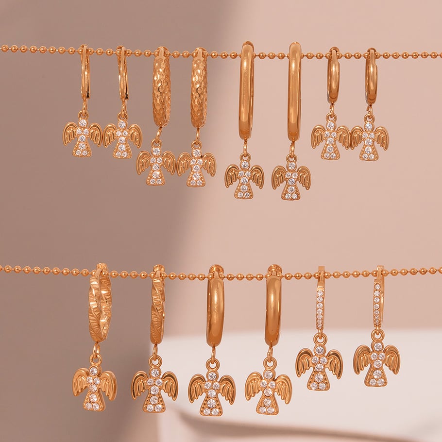 1 Pair Classic Angel Stainless Steel Gold Color Zircon Women's Drop Earrings Picture3