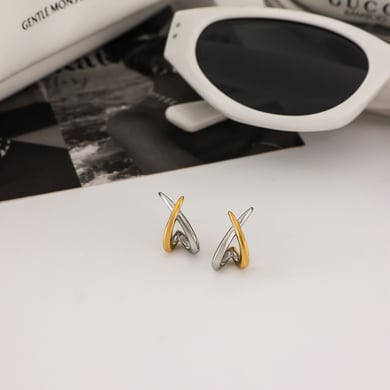 1 paio di orecchini a bottone da donna in acciaio inossidabile color oro con linee incrociate h5 Immagine4