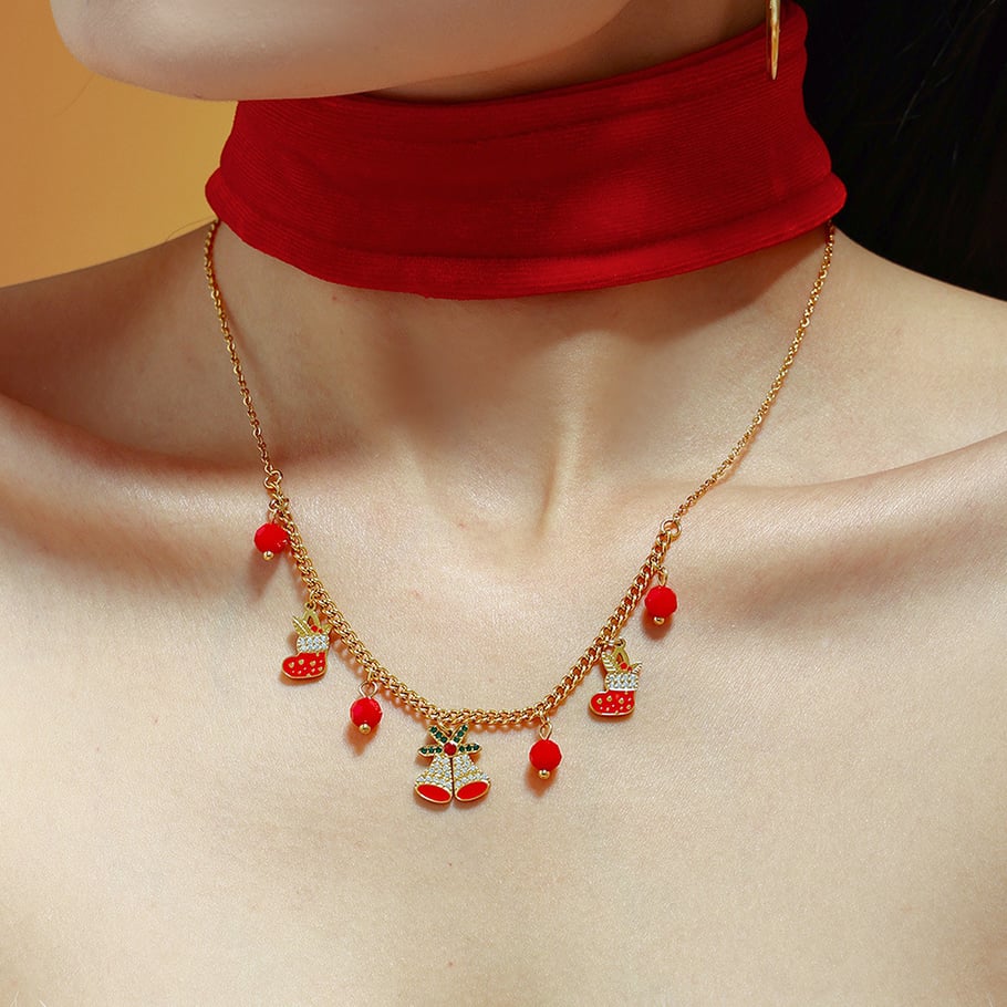 Set di gioielli da donna con campanellino natalizio in acciaio inossidabile color oro e zirconi Immagine4