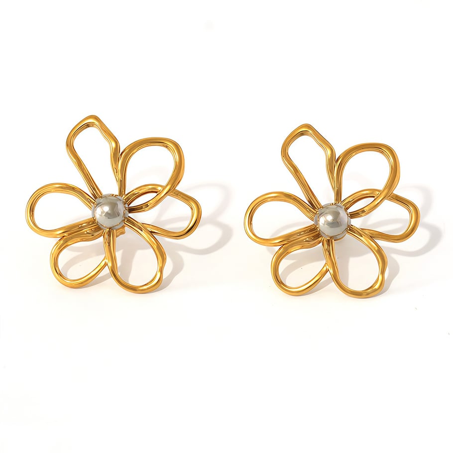 1 paar eenvoudige oorbellen van roestvrij staal met natuurlijke bloemen en gouden details voor dames 