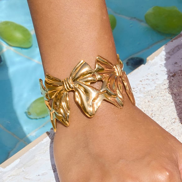 1 Piece Sophisticated Bow Knot Stainless Steel Gold Color Women's Cuff Bracelets 2