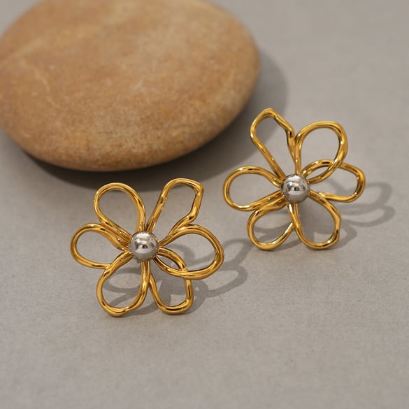 1 paar eenvoudige oorbellen van roestvrij staal met natuurlijke bloemen en gouden details voor dames