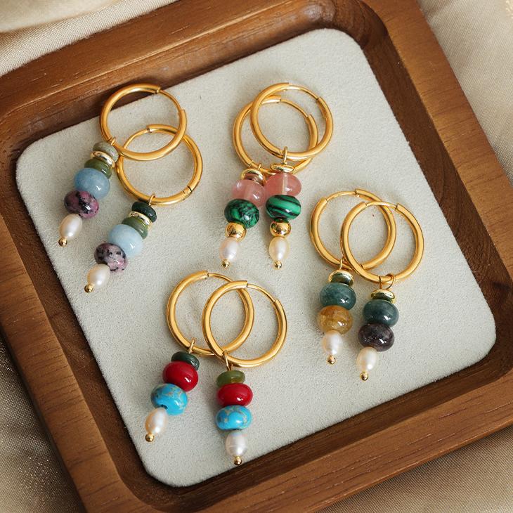 1 Paar elegante Perlen Edelstahl Naturstein Damen Tropfen Ohrringe Bild4