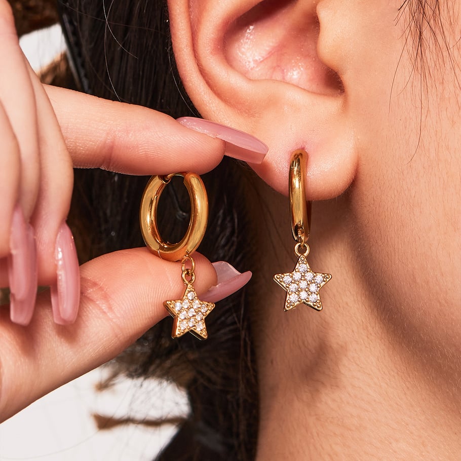 1 Pair Luxurious Star Shape Stainless Steel Gold Color Zircon Women's Drop Earrings Picture4