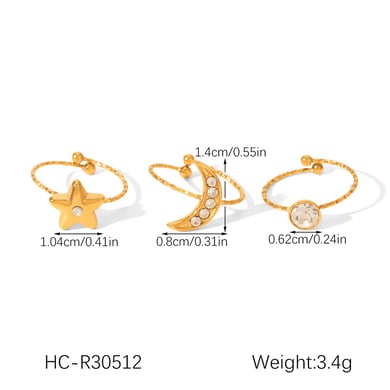 Luxe, gelaagde Star Moon-ringen van roestvrij staal met zirkonia voor dames h5 Afbeelding2