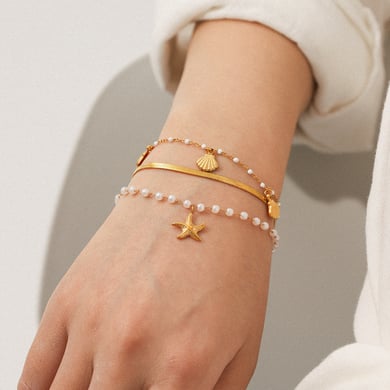 1 set eenvoudige, dagelijkse, roestvrijstalen, goudkleurige damesarmbanden met kralen h5 Afbeelding3
