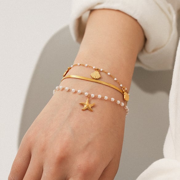 1 Set einfache tägliche Edelstahl-Perlenarmbänder in Goldfarbe für Damen