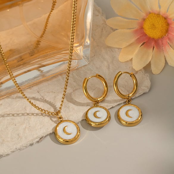 Classic Series Elegant Moon Stainless Steel Gold Color Necklac Set 2