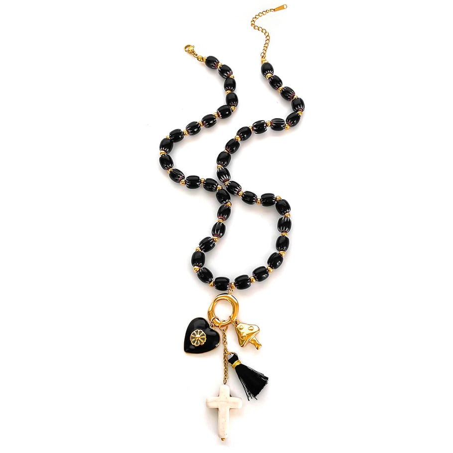 Collier de perles en acier inoxydable avec cœur rétro, 1 pièce 