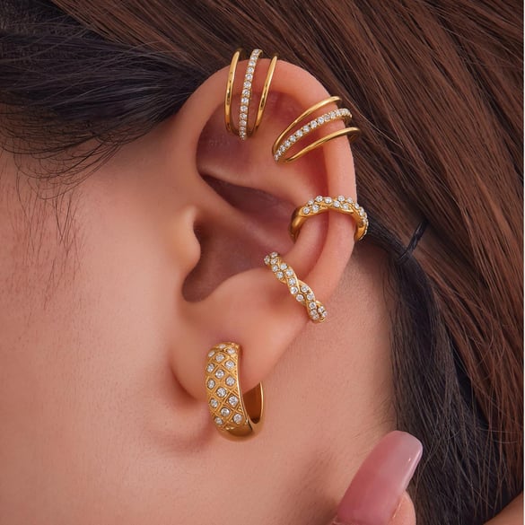 1 Paar Twist Circle Edelstahl Gold Farbe Zirkon Damen Ohr Manschetten 2