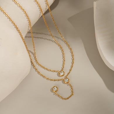 1 collar lujoso con borlas circulares de acero inoxidable y circonitas de color dorado para mujer. h5 Imagen3