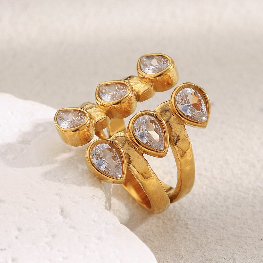 1 pezzo elegante anello da donna con pietre preziose in acciaio inossidabile color oro a doppio strato con zirconi Immagine3
