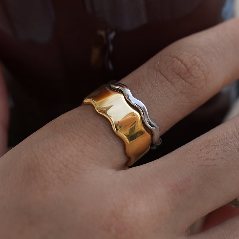 1 Piece Wide  Brimmed Wavy  Pattern Gold Stainless Steel Women's  Statement Rings Picture6