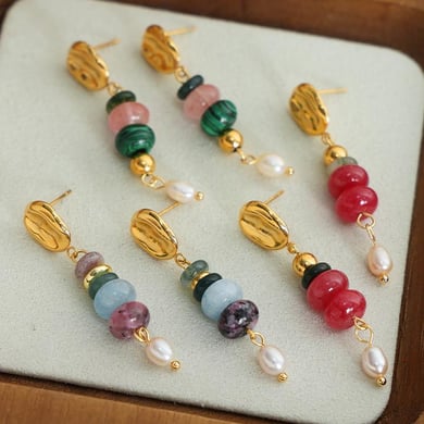 1 Paar gestaltbare Natursteinperlen Edelstahl Goldfarben Damen Tropfen Ohrringe h5 Bild6