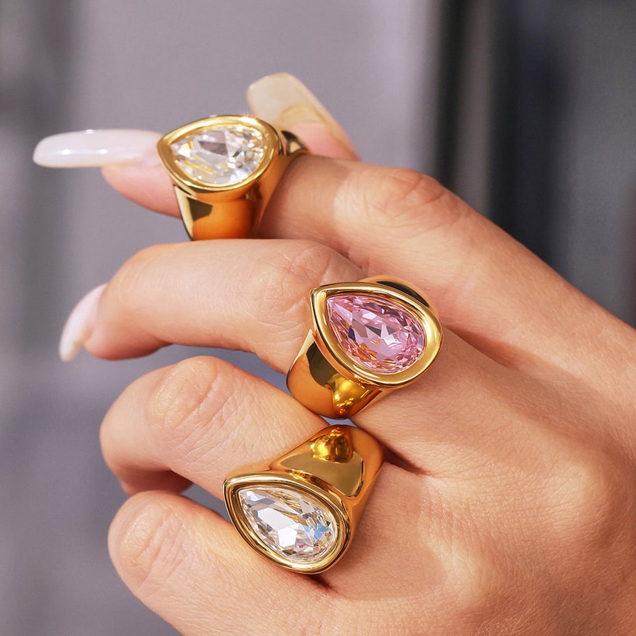 1 Piece Romantic Droplet Stainless Steel Gold Color Zircon Women's Gemstone Rings Picture4