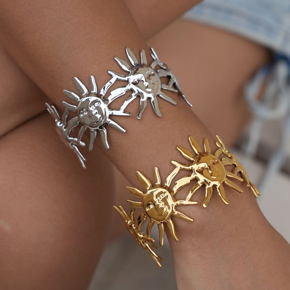 1 Stück Simple Series Retro Sun Edelstahl Goldfarben Damen Manschettenarmbänder 2