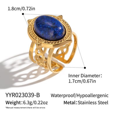 1 Piece Retro Strip Oval Lines Stainless Steel Gold Color Natural Stone Women's Gemstone Rings h5 