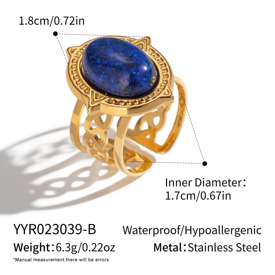 1 Piece Retro Strip Oval Lines Stainless Steel Gold Color Natural Stone Women's Gemstone Rings 