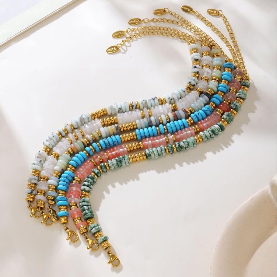 Braccialetti con perline da donna in acciaio inossidabile color oro con perline in pietra naturale retrò da 1 pezzo Immagine6